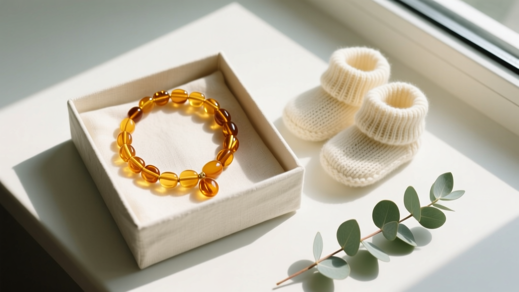 Overhead flat lay of a honey Baltic amber baby necklace in a linen gift box beside soft knit booties and a small eucalyptus sprig.