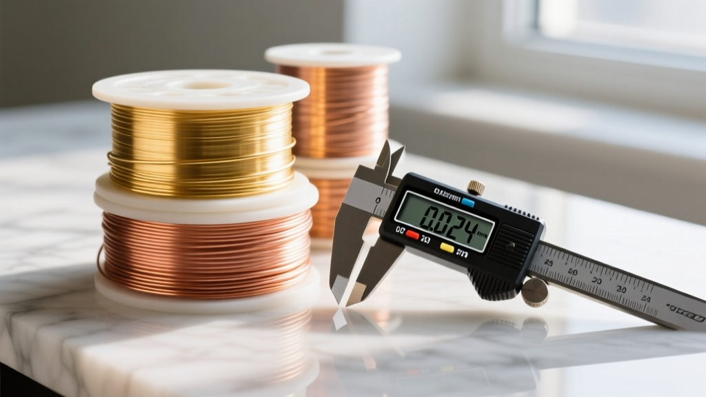 Spools of 24-gauge gold-filled and bare copper wire stacked on marble, with a digital caliper measuring the exact wire thickness