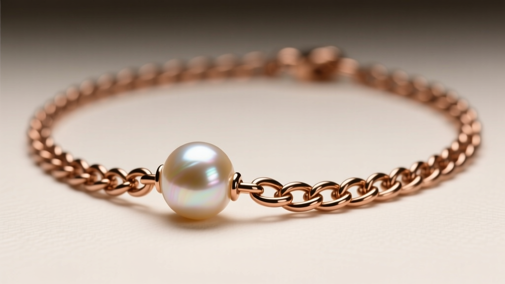 Macro photography of a silicon bronze chain necklace featuring a single large baroque freshwater pearl, warm studio lighting.