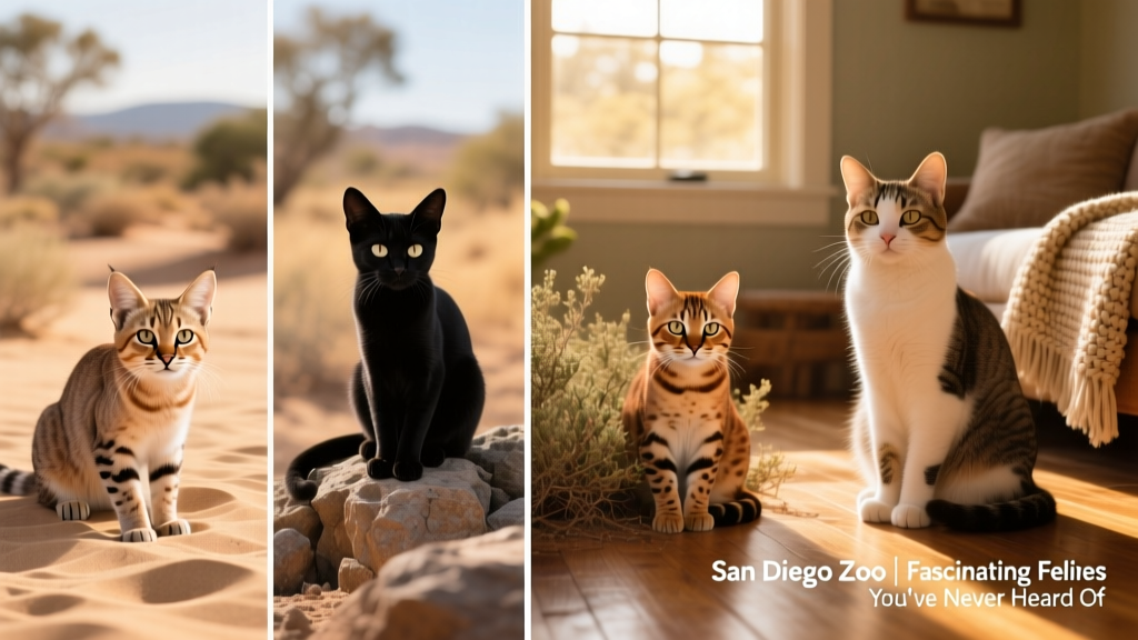 Side-by-side comparison illustration showing relative sizes of sand cat, black-footed cat, and rusty-spotted cat next to a domestic cat
