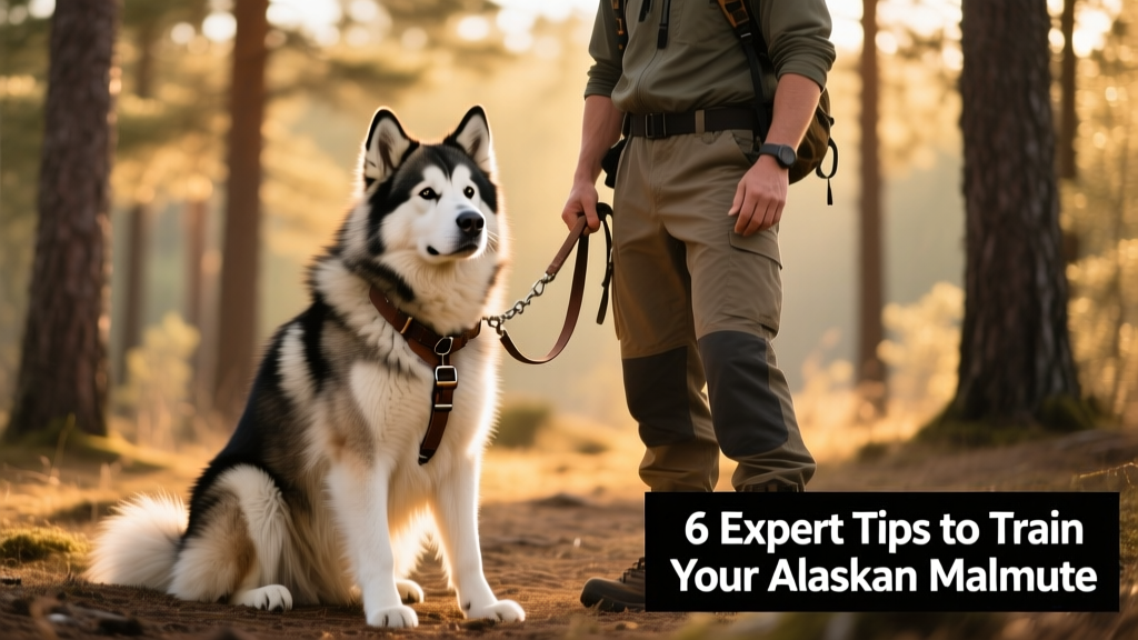 Alaskan Malamute sitting attentively beside its owner during an outdoor training session