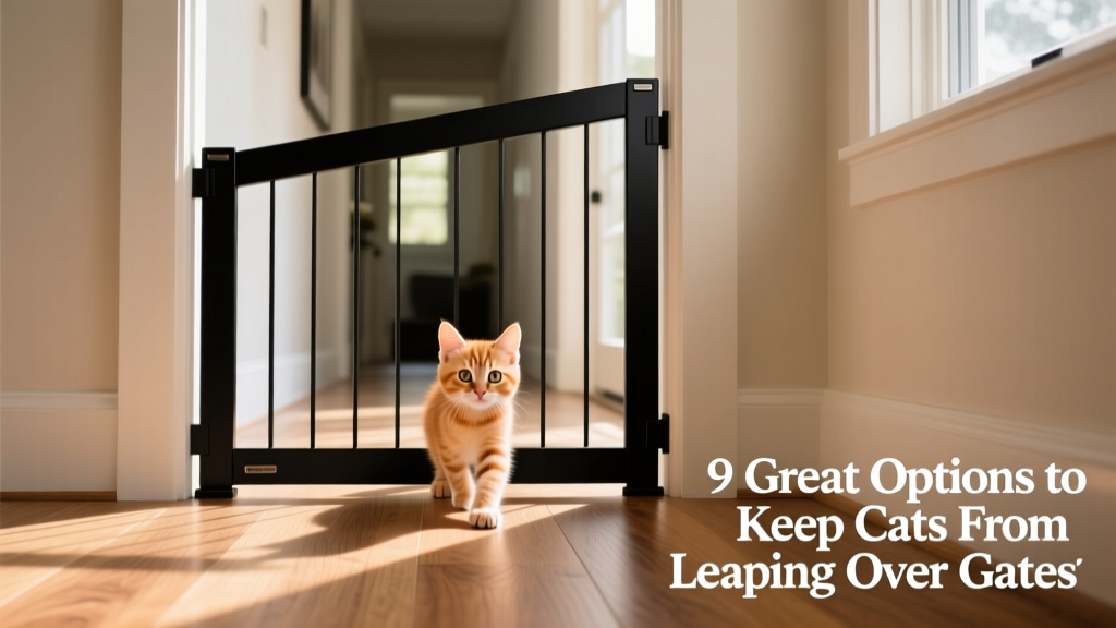 A sleek black freestanding pet gate with an angled top overhang, installed in a sunlit hallway with a curious kitten sitting nearby