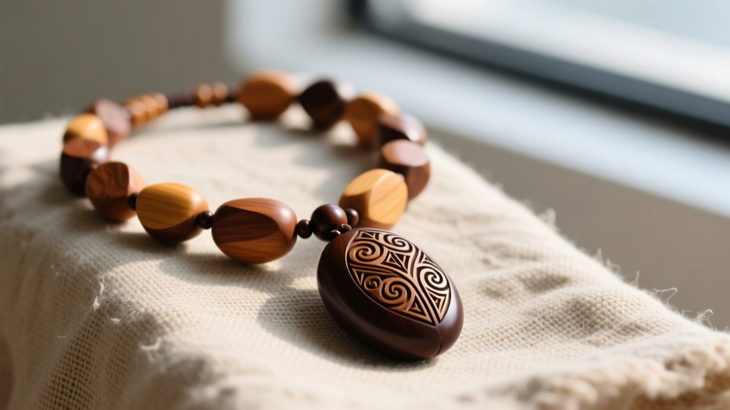Close-up of artisanal mango wood beaded necklace with polished dark-brown carved mango seed pendant resting on a raw linen cloth