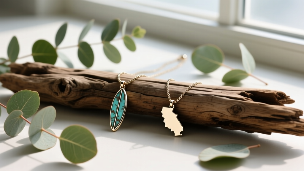 Flat lay of California-inspired necklaces including a surfboard charm and state outline, arranged on driftwood with eucalyptus leaves