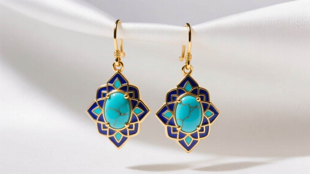 Macro shot of 18k gold Persian drop earrings featuring blue Minakari enamel and Nishapur turquoise cabochons on raw white silk.