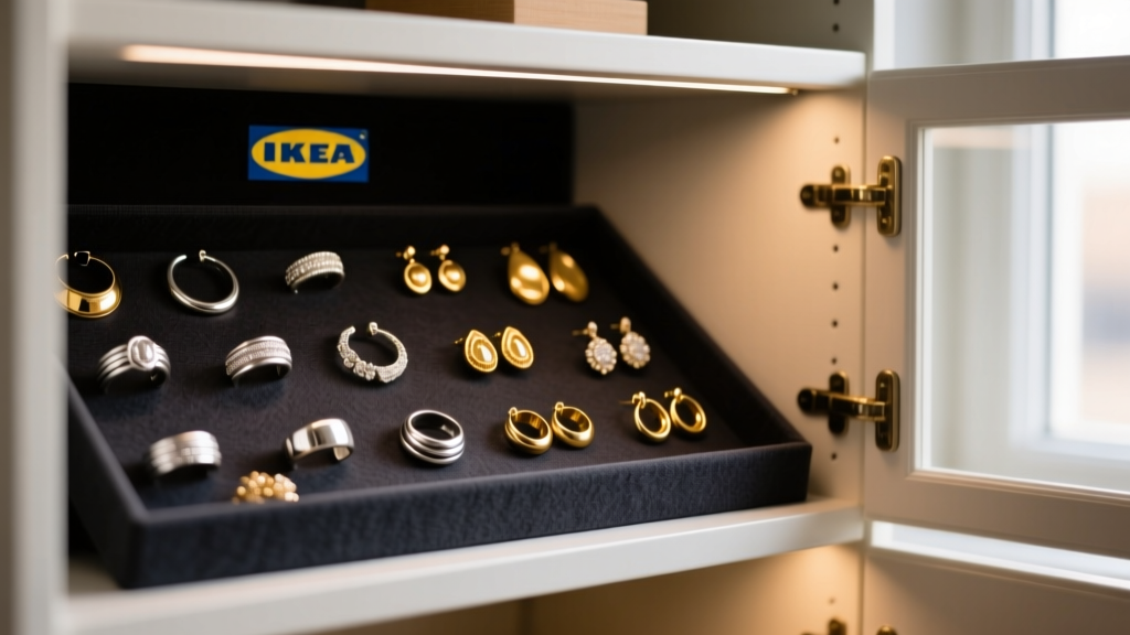 IKEA STALL cabinet interior lined with dark anti-tarnish cloth showing organized silver rings and gold earrings in warm lighting.