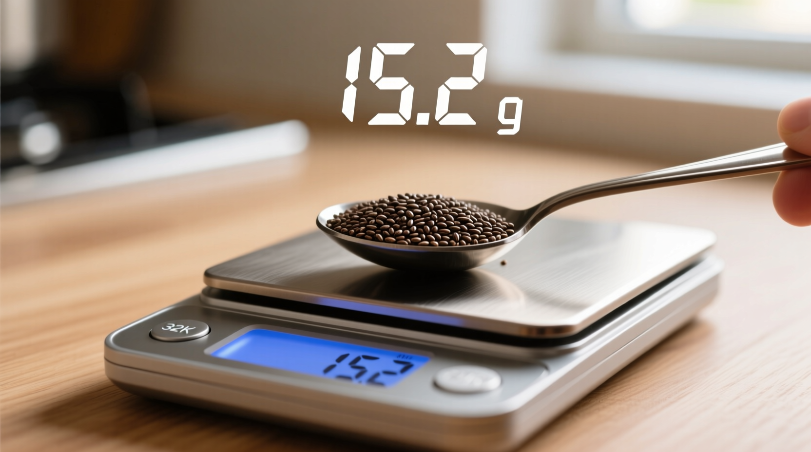 Measuring chia seeds in tablespoon on kitchen scale