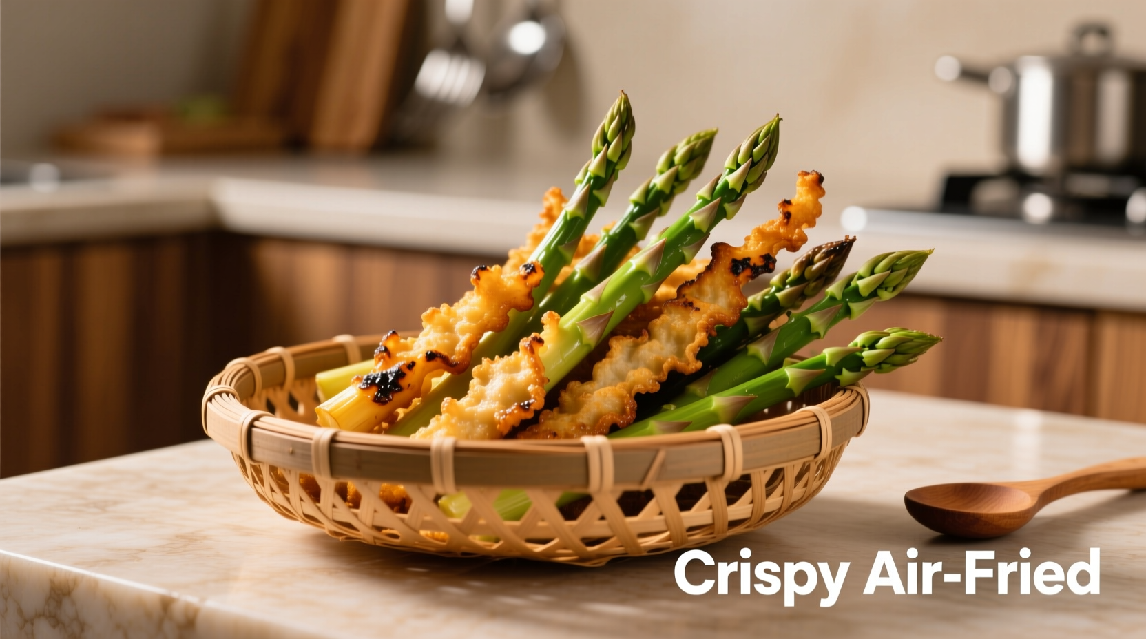 Crispy air fried asparagus in basket