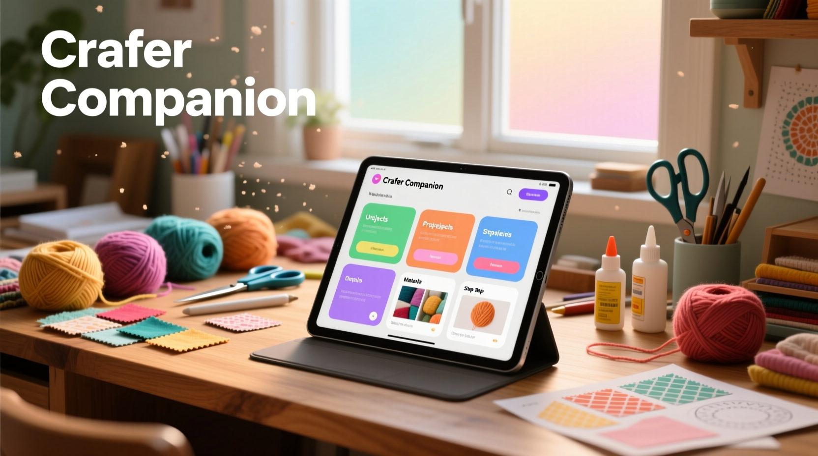 Crafting workspace with Crafter Companion on tablet