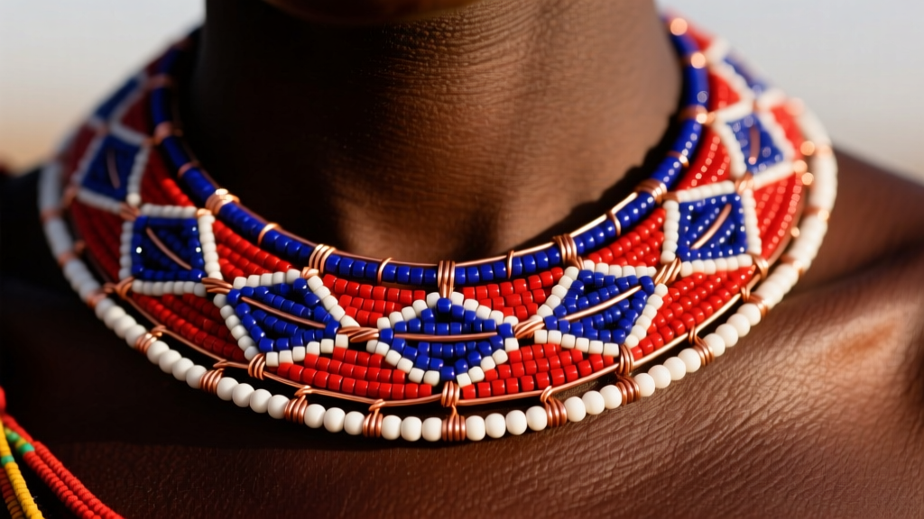 Close-up of a vibrant Maasai beaded collar necklace with red, blue, and white glass beads woven on copper wire against dark skin