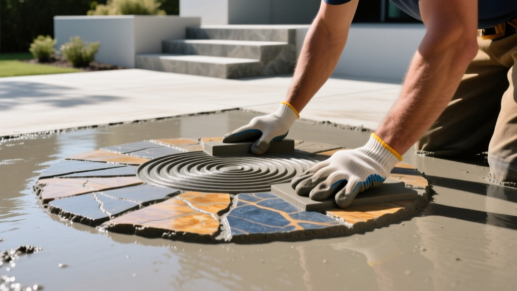 Contractor pressing polyurethane stamping mats into a wet, colored concrete patio slab to create a natural stone texture pattern