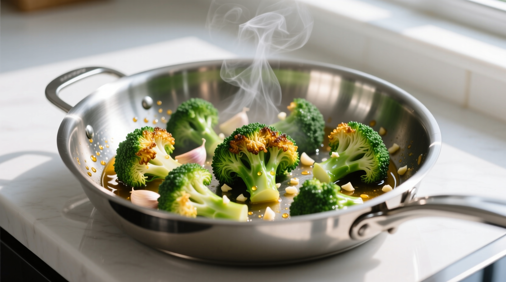 Fresh garlic broccoli sizzling in stainless steel pan