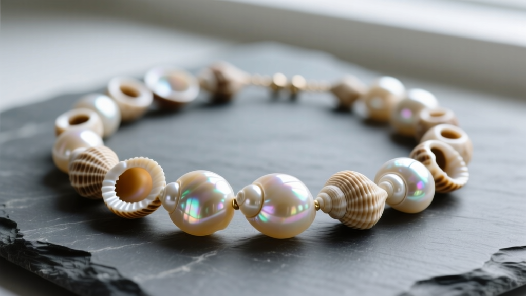 Macro shot of genuine puka shells necklace on slate, showing natural asymmetrical holes and pearlescent bead domes.