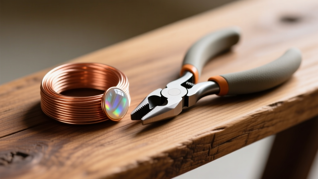 Close-up of 20-gauge copper wire, nylon pliers, and a half-wrapped agate cabochon on a wooden bench in warm desk light