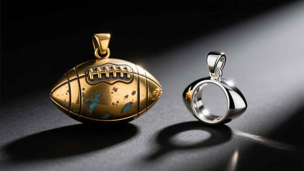 Macro shot comparing a tarnished brass football pendant with a pristine sterling silver charm side-by-side under bright lighting.
