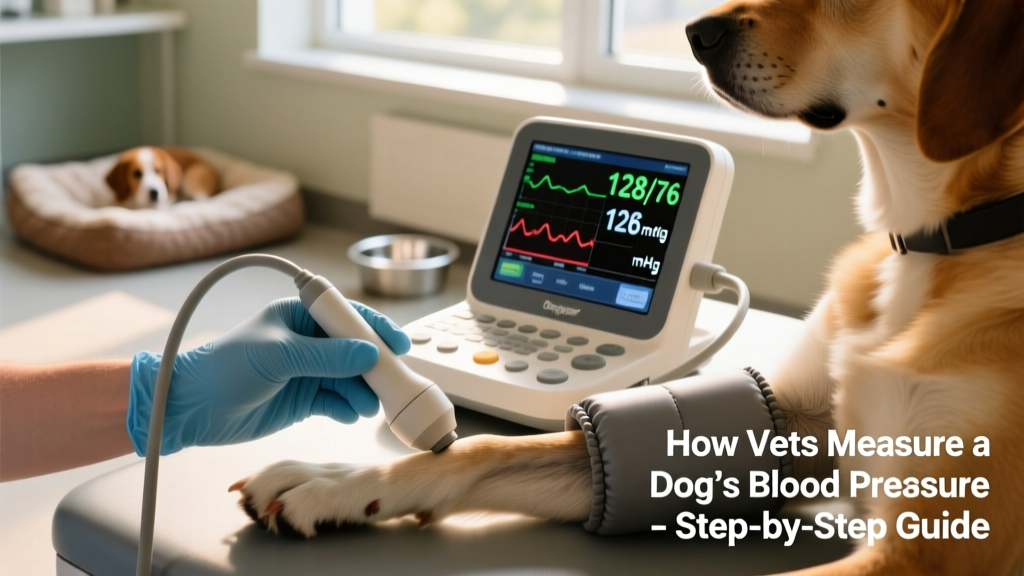 Close-up of a veterinary Doppler device with probe and cuff connected to a digital display showing blood pressure numbers
