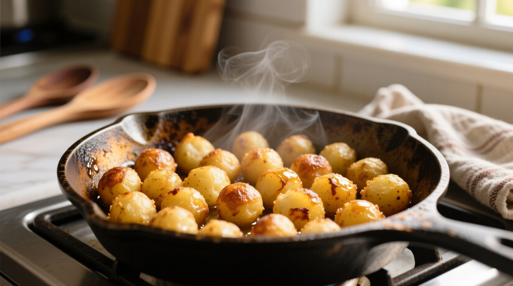 Golden brown potato pearls in cast iron skillet