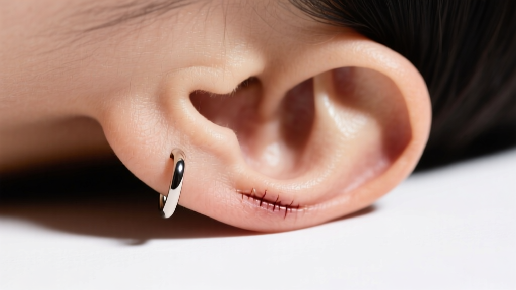 Side view of healed earlobe wearing an 18-gauge threadless flat-back earring, showing flush fit against skin with zero pressure marks.