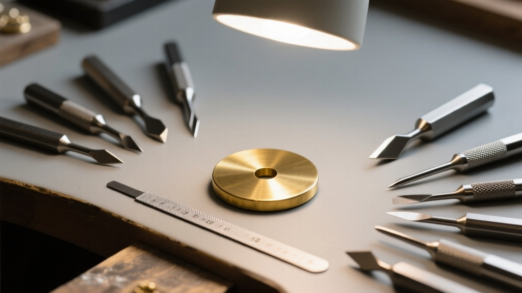Jeweler bench showing a 12mm brass disc blank, metal stamping tools, and a fine file, illuminated by a bright overhead desk lamp.