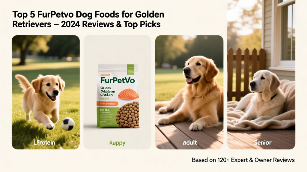 Side-by-side comparison chart of top 5 FurPetVo dog food products for Golden Retrievers, showing key features like protein source, kibble size, and life-stage suitability