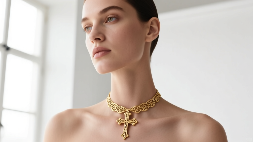 Model wearing a delicate 18k gold vermeil cross choker necklace, soft studio lighting on collarbone, editorial fashion style.