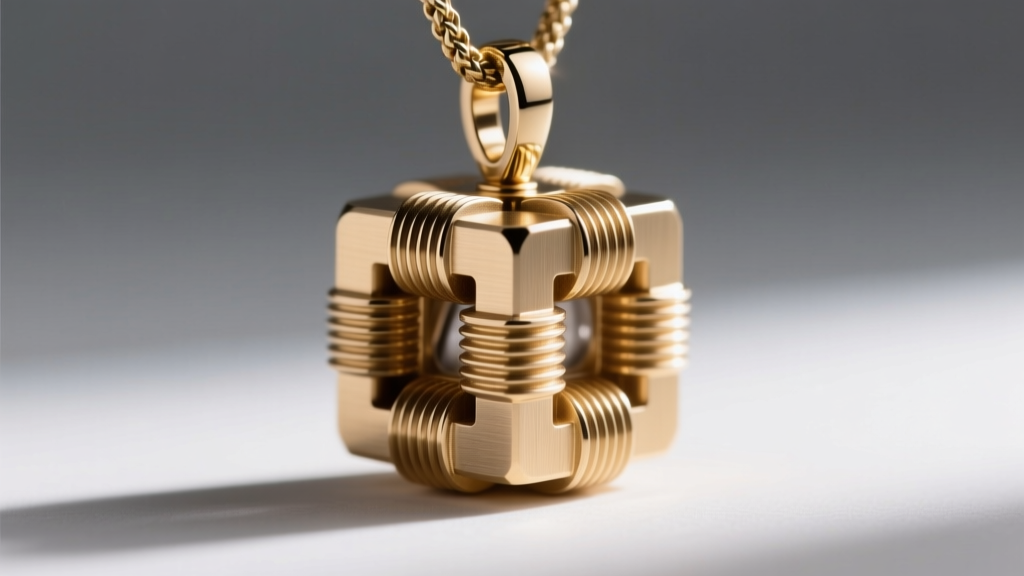 Macro photography of a brass friction-fit puzzle pendant mechanism showing precise interlocking grooves and brushed matte finish.