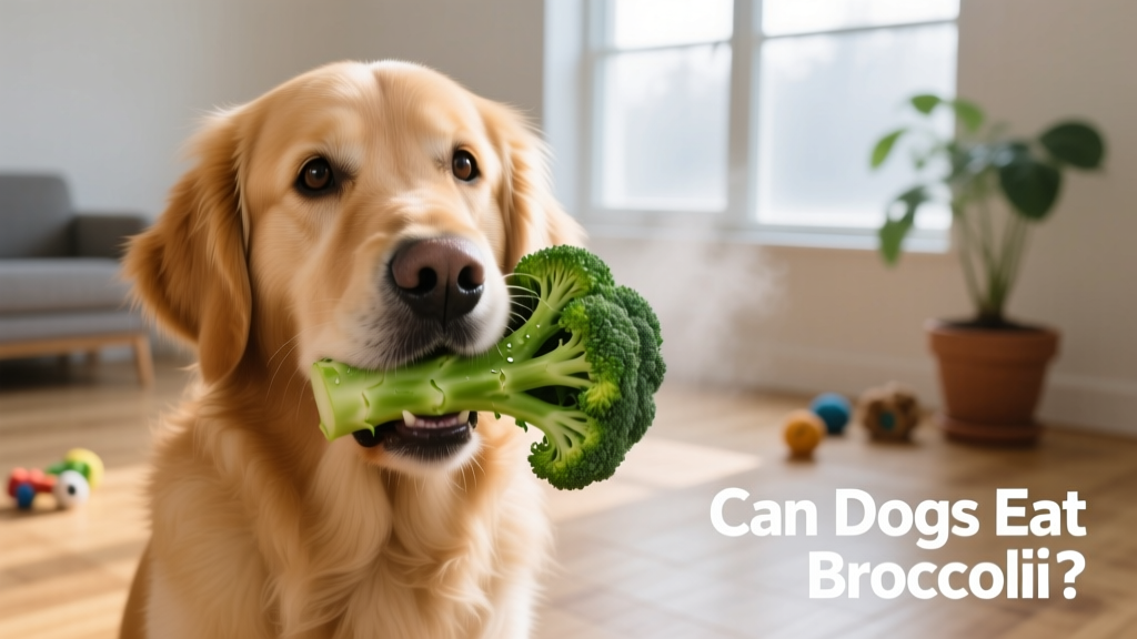 A golden retriever gently holding a fresh broccoli floret in its mouth
