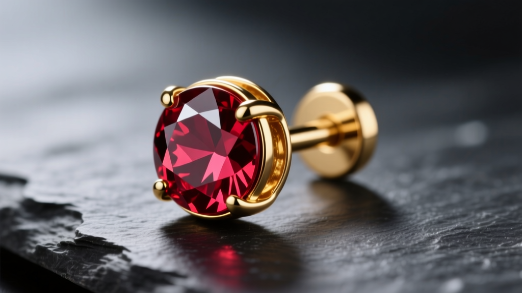 Macro shot of an 18k red gold threadless labret earring with a bezel-set ruby on dark slate under dramatic side lighting.