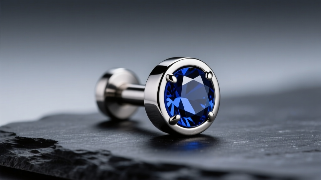 Close-up of an ASTM F136 titanium flat-back labret stud with a sapphire resting on a dark slate surface in moody studio light