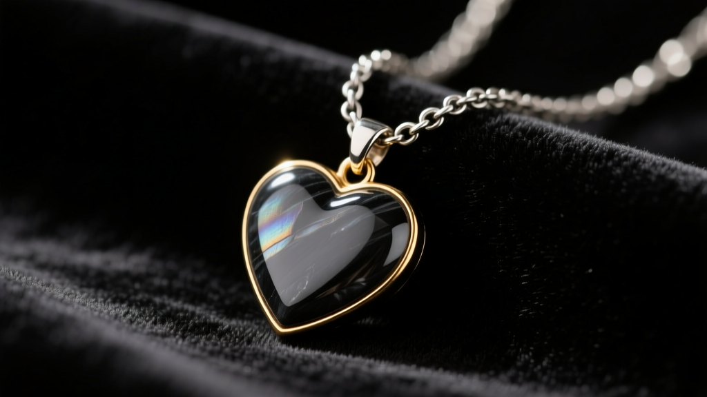 Close-up of a matte-finish hematite heart pendant on an oxidized sterling silver chain, resting on dark velvet, moody lighting