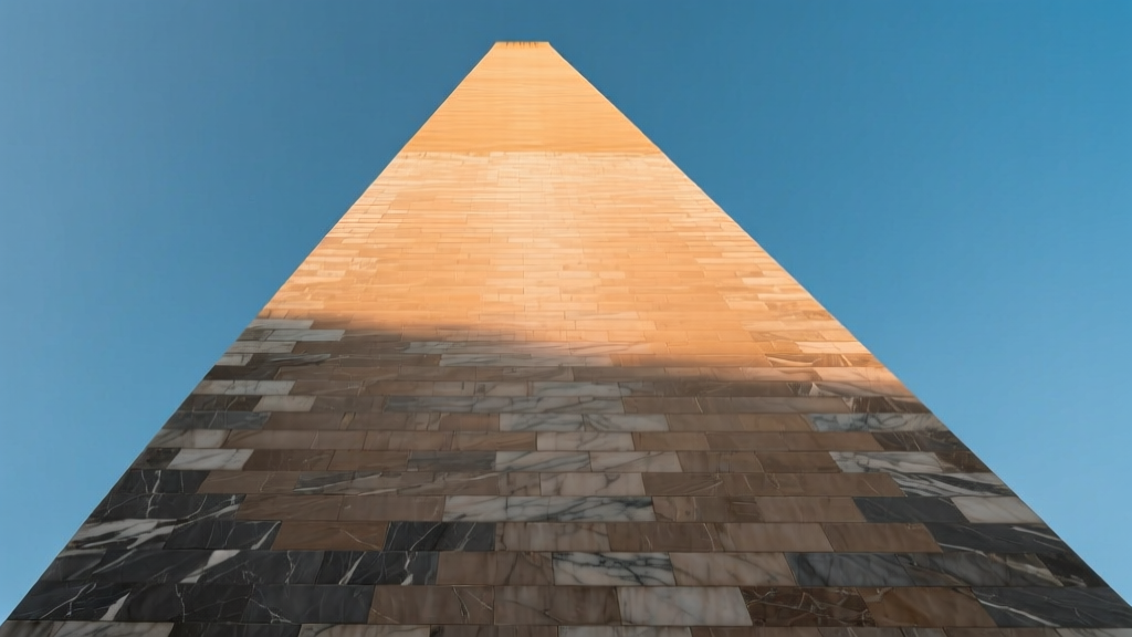 Low angle view of the Washington Monument highlighting the distinct color shift between lower Maryland marble and upper marble sections