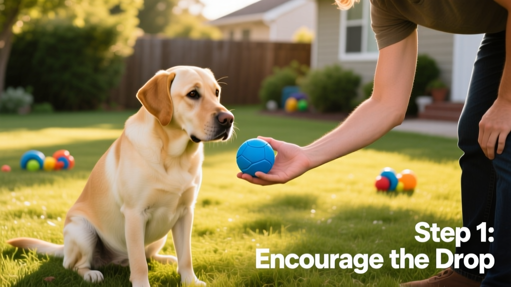 A young Labrador sitting calmly beside its owner, dropping a blue rubber ball into their outstretched hand