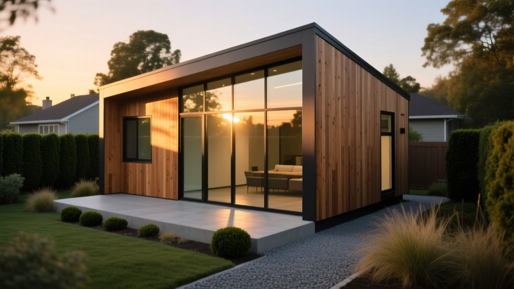Modern detached accessory dwelling unit with cedar siding and large glass windows situated in a landscaped suburban backyard at dusk