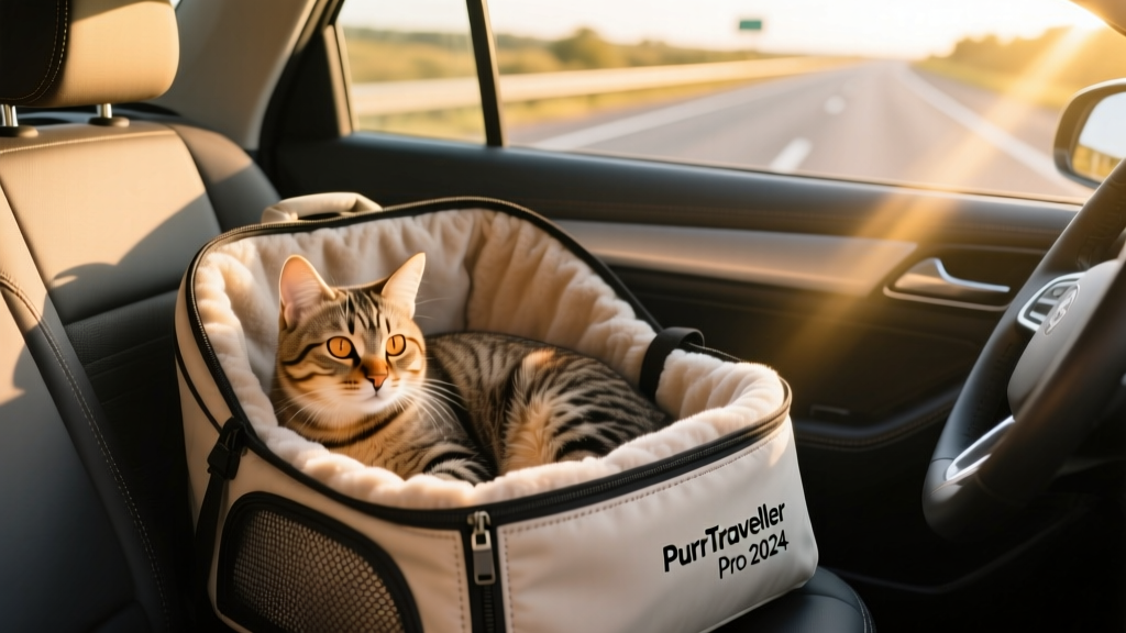 A calm cat resting inside a well-ventilated, soft-sided carrier during a car ride