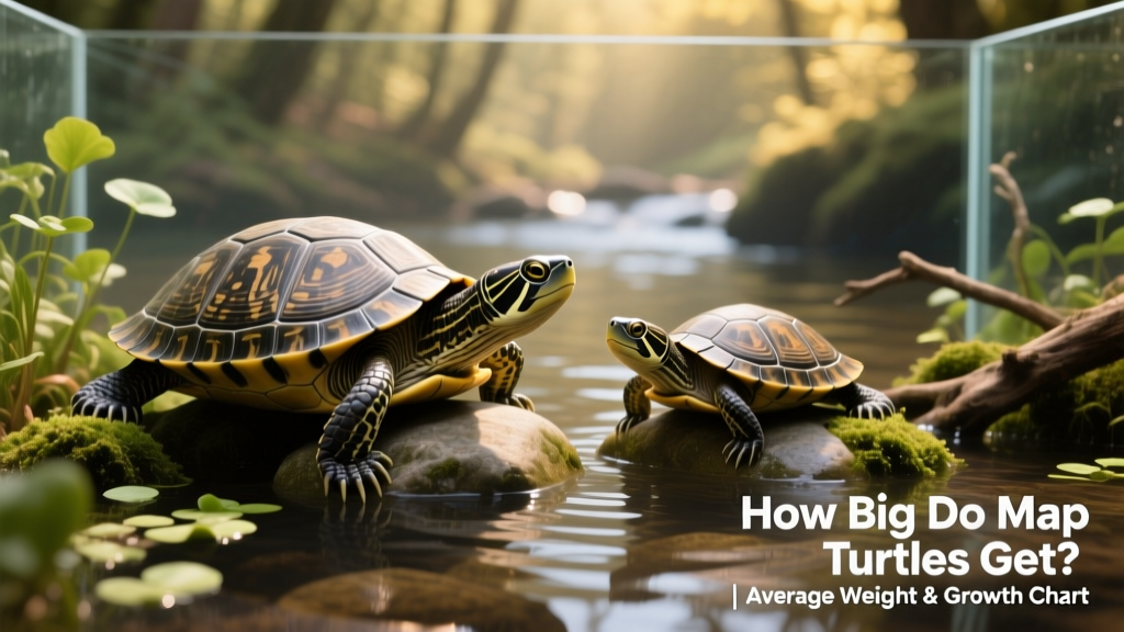 Adult male and female map turtles side by side in a naturalistic aquarium setting, highlighting size difference