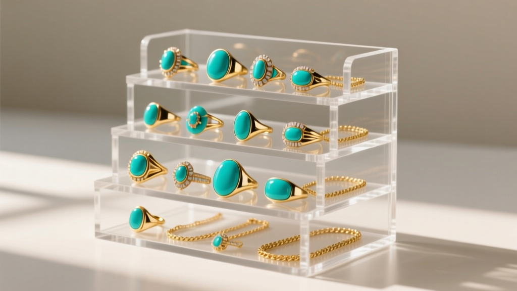 Side view of a multi-tiered polyethylene acrylic organizer displaying separated vintage turquoise rings and delicate gold chains