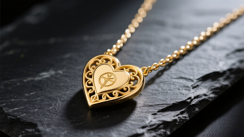 Close-up of a 14k solid gold lucky heart necklace on dark slate, highlighting intricate engraving and a delicate cable chain