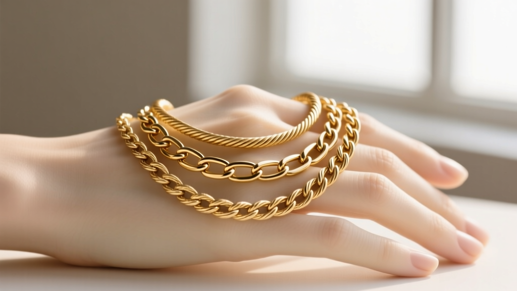 Close-up of a gold stack necklace featuring a cable chain, paperclip chain, and rope chain resting on a model's collarbone.