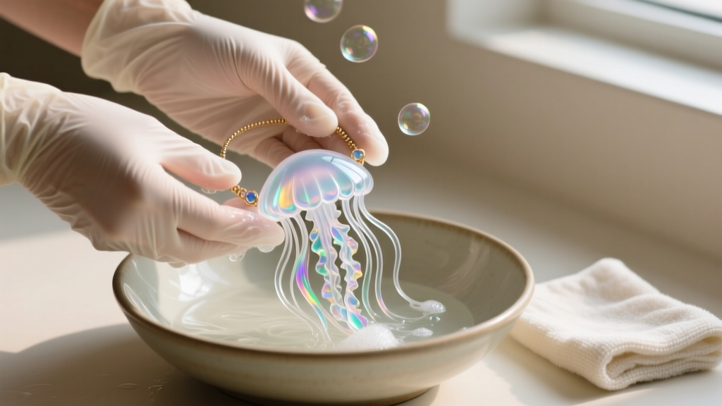 Hands in nitrile gloves gently washing a glass jellyfish necklace in a bowl with pH-neutral soap and a soft microfiber cloth.