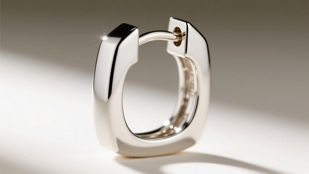 Detailed view of a hinged clicker clasp on a white gold squared hoop earring, showing the interlocking seam and 16-gauge wire.