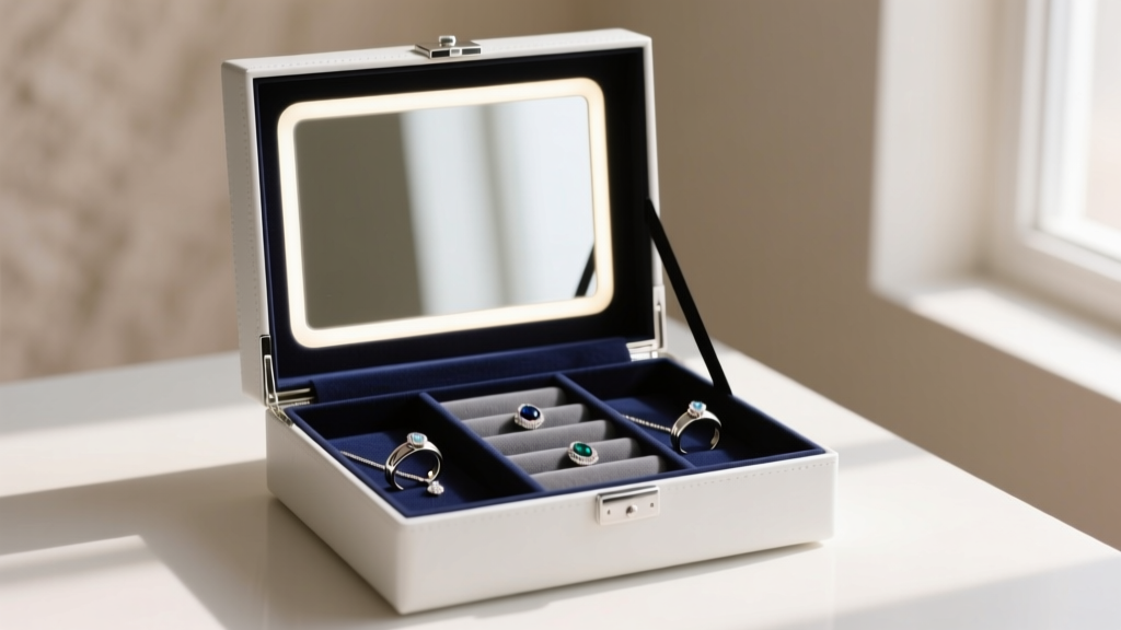 Open stand up jewelry box with mirror showing LED lighting, anti-tarnish microfiber inserts, and adjustable wide ring rolls.