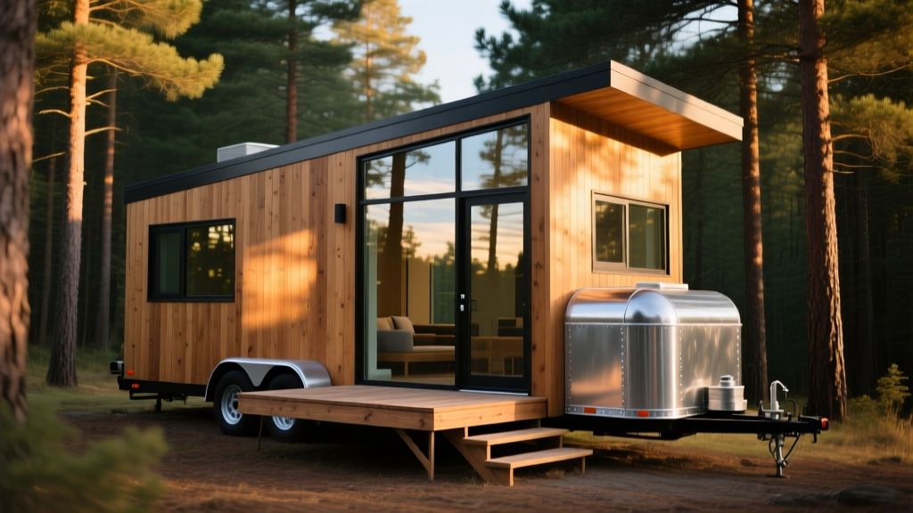 Modern cedar-clad tiny house on a galvanized steel gooseneck trailer parked in a pine forest with a fold-down wooden deck and large low-e windows