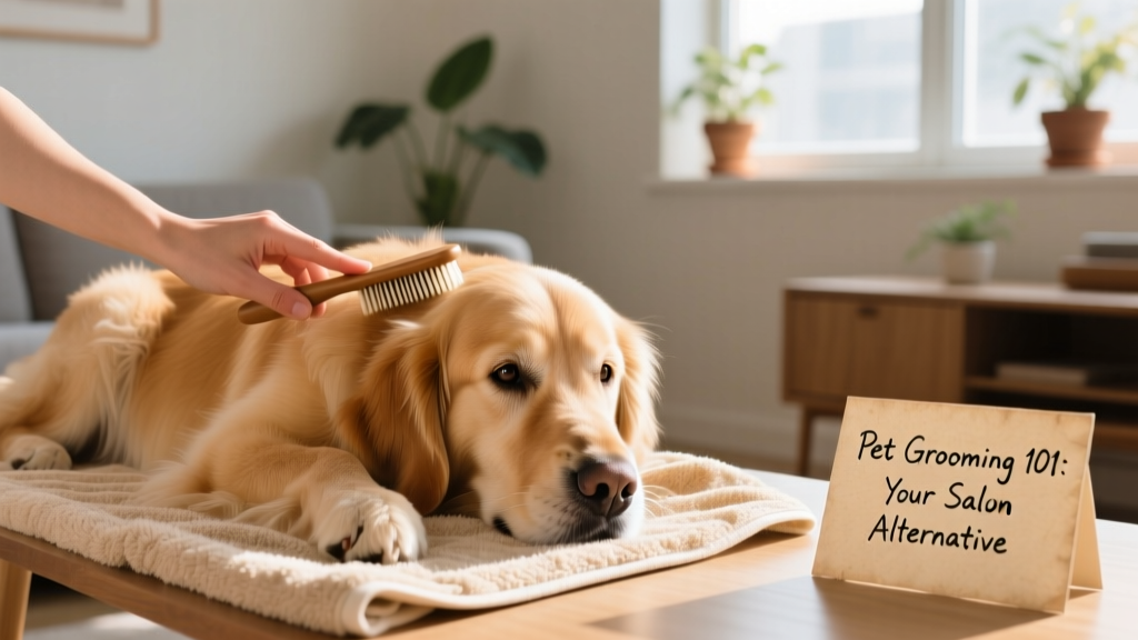 A calm dog sitting on a towel while a person gently brushes its coat