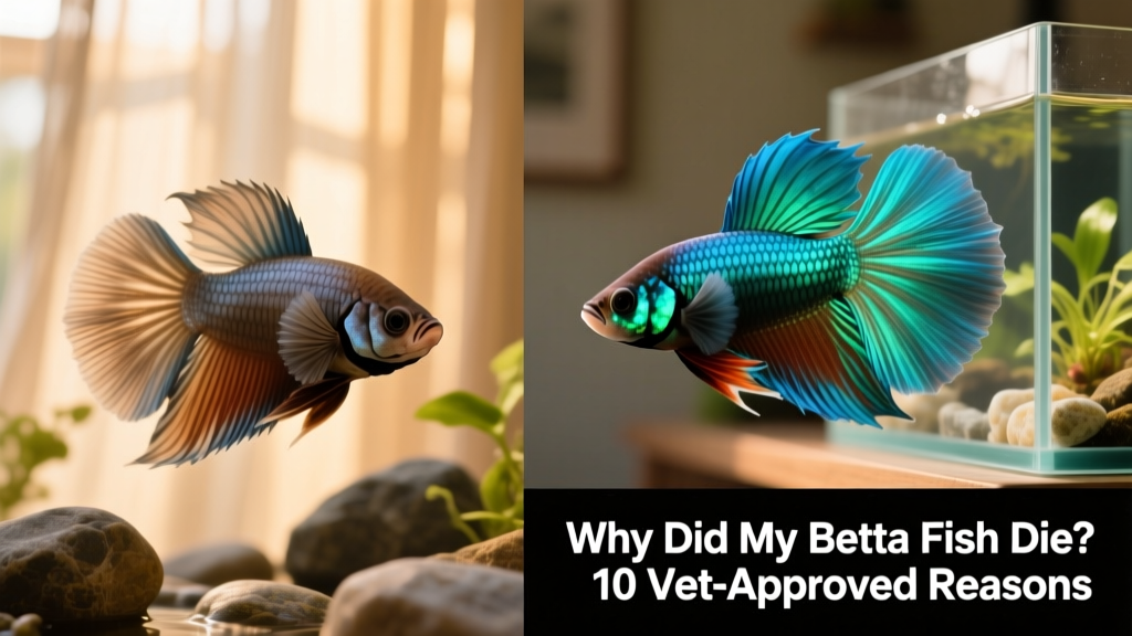Side-by-side comparison: a stressed betta with clamped fins and faded color versus a healthy betta with flared fins and vivid blue/green iridescence