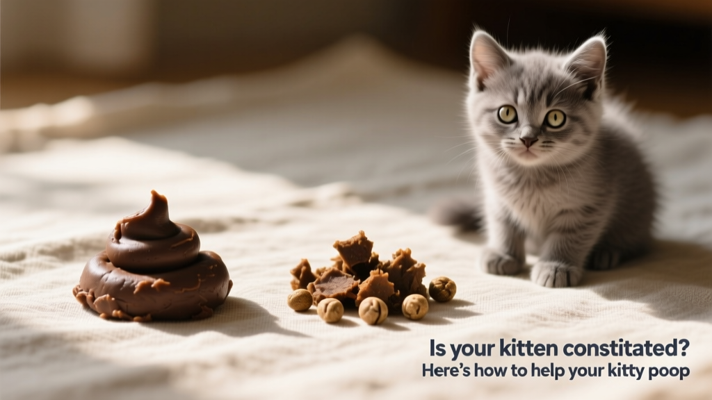 Side-by-side comparison of healthy kitten stool (firm, brown, Play-Doh-like) and constipated stool (dry, pellet-like)