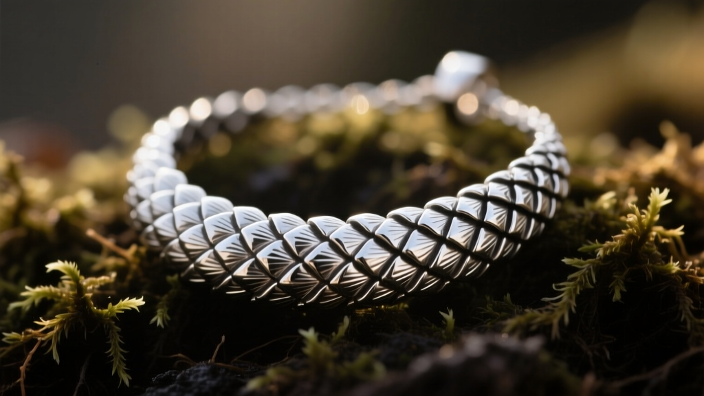 Close-up of a sterling silver pinecone necklace resting on dark moss, highlighting the intricate overlapping scale textures in soft light.