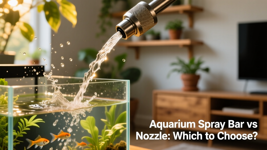 Close-up of a filter nozzle directing a strong, narrow stream of water into an aquarium