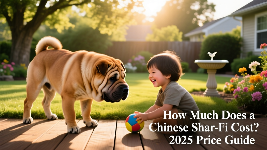 A happy, well-socialized Shar-Pei playing gently with a child in a sunlit backyard