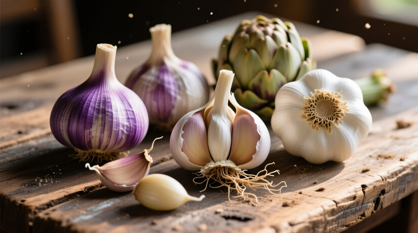 Close-up of different garlic varieties on wooden table