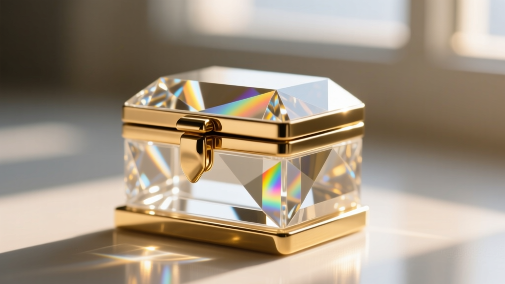 Macro shot of a faceted crystal jewelry box pull catching warm sunlight, highlighting pristine clarity and a polished brass base.
